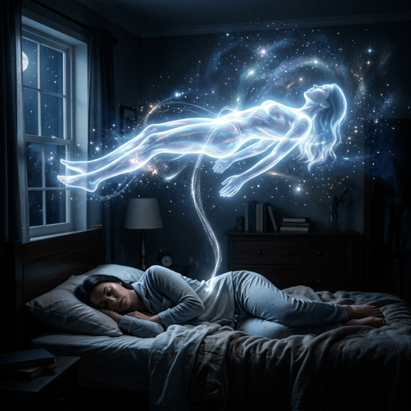 Woman sleeping on bed with glowing astral projection rising above
